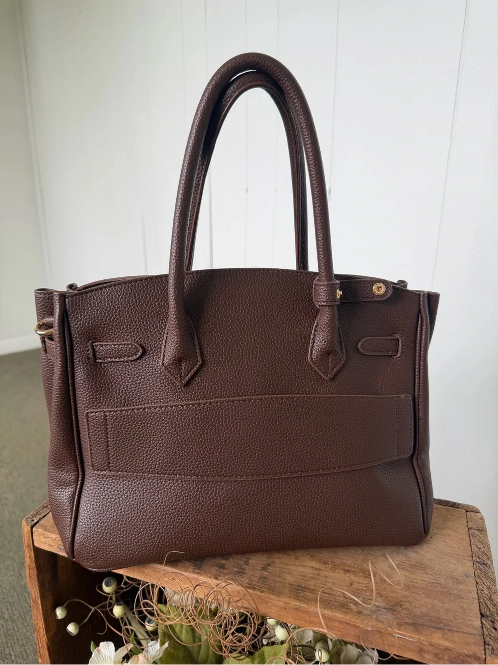 Newbella Brown Pebbled Leather Satchel with Gold Accents